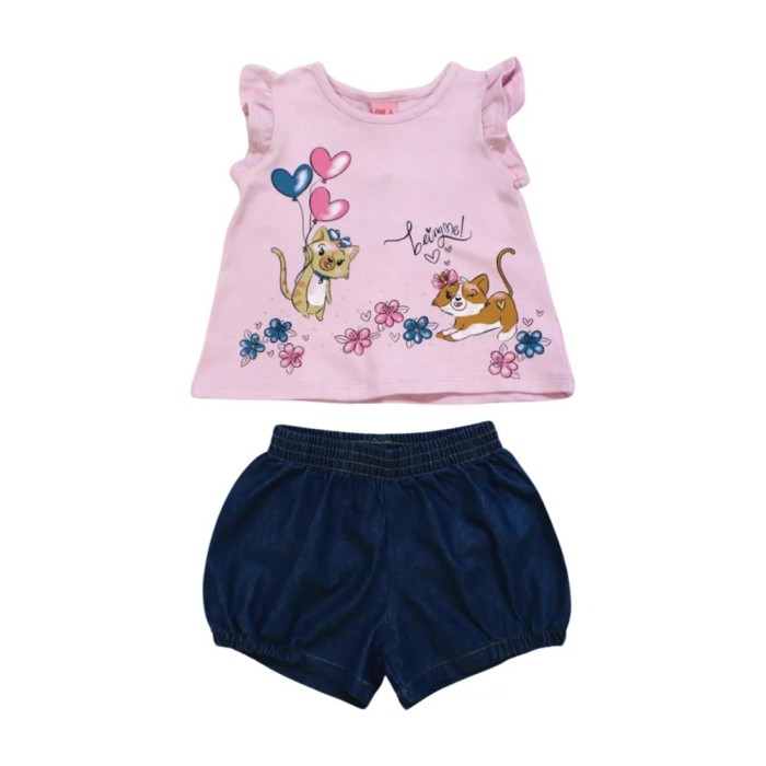 Conjunto Blusa Cotton e Shorts Jeans Gatinha 3696 – Dila
