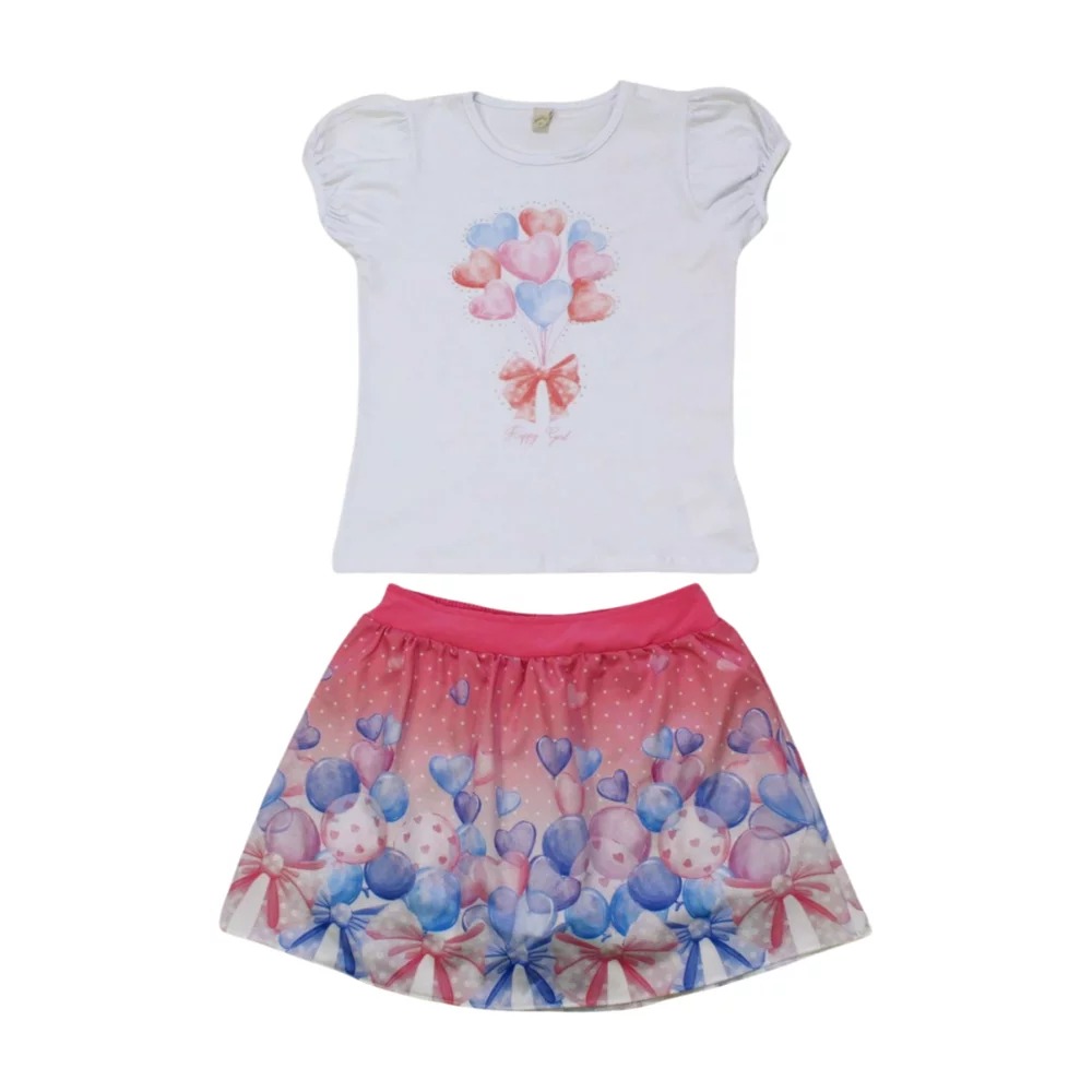 Conjunto Feminino Blusa e Saia Tecido Estampa Corações 22777 – Glinny