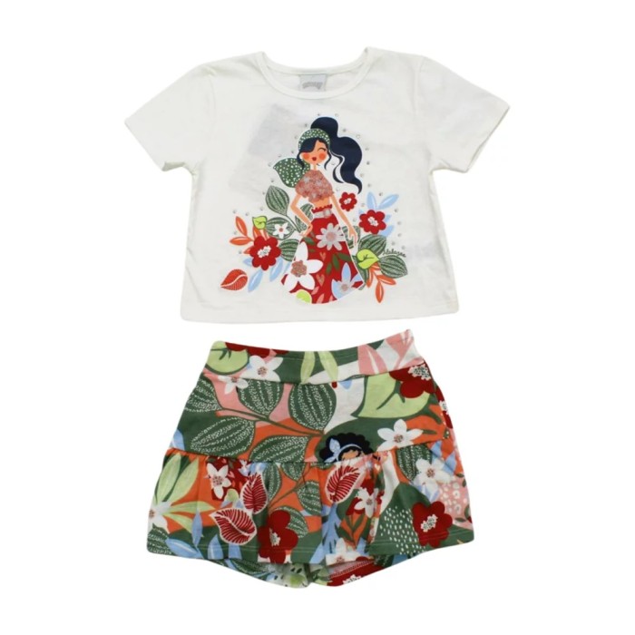 Conjunto Feminino Blusa e Shorts Saia Estampado 66239 – Alakazoo