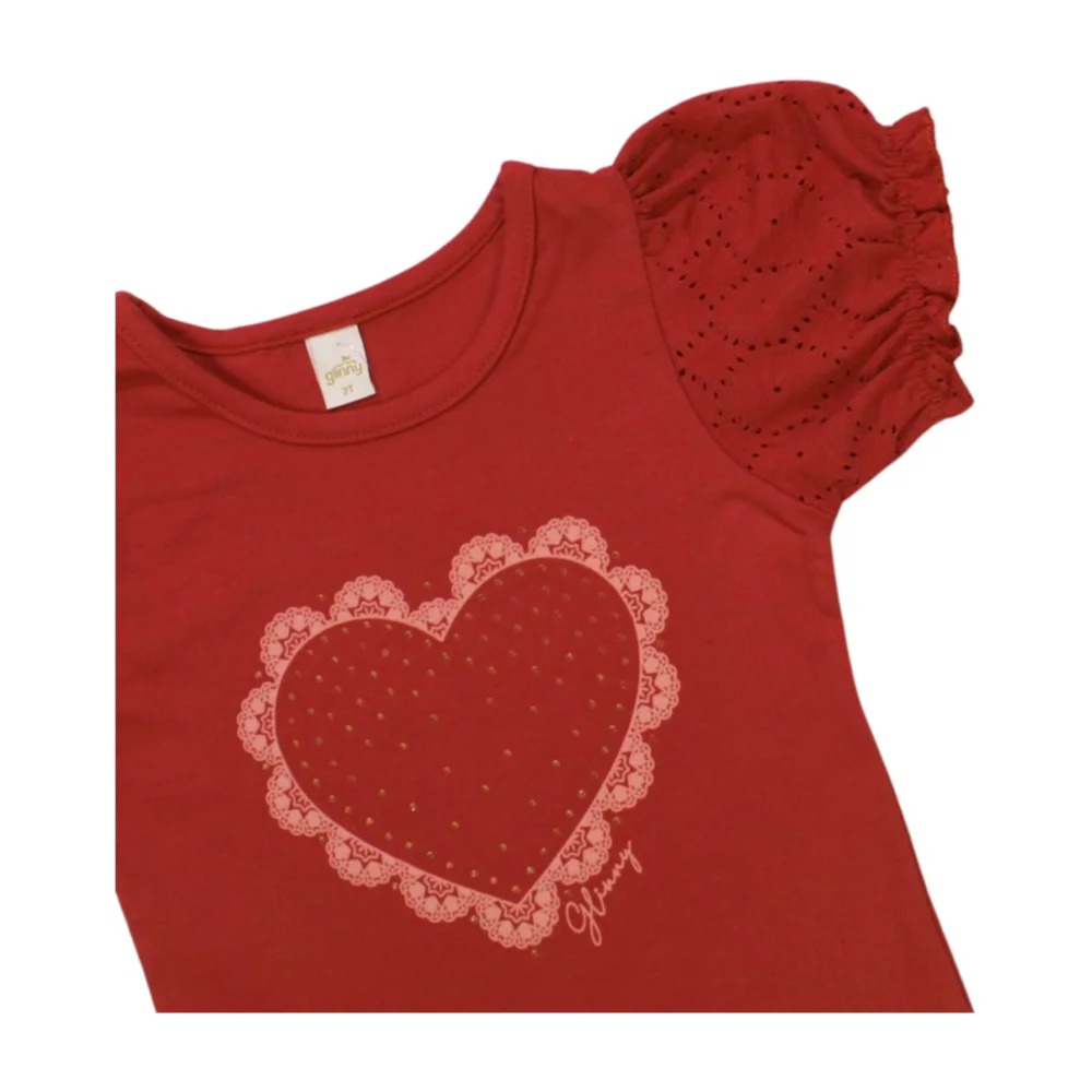 Blusa Manga Curta com Lesi Estampa Coração Strass 21580 – Glinny