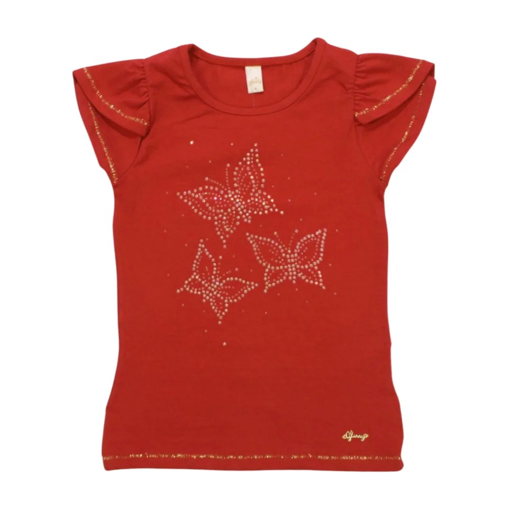 Blusa Manga Curta Estampa Borboletas com Strass 22823 – Glinny