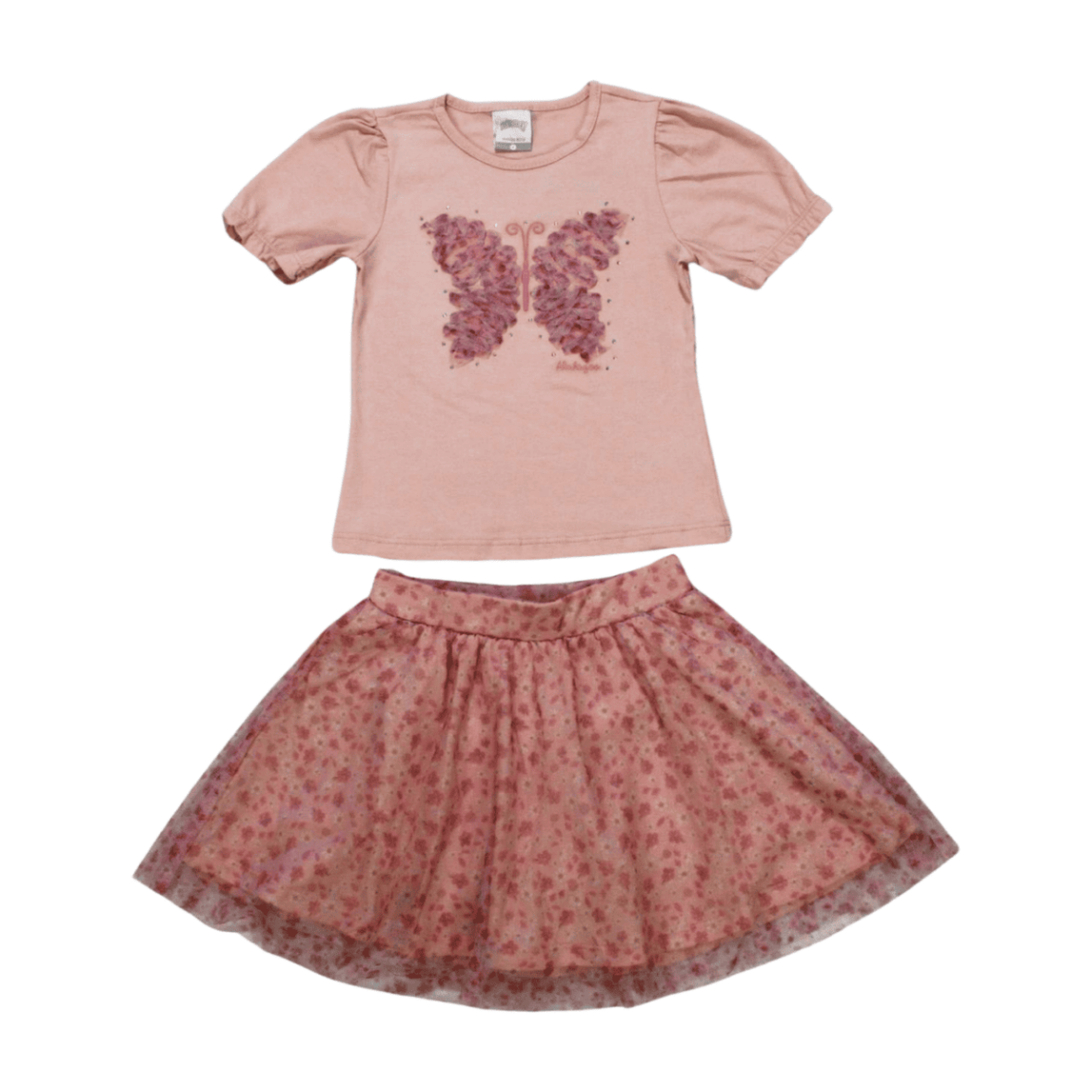 Conjunto Feminino Blusa e Saia Estampada Borboletas com Tule 46864 – Alakazoo
