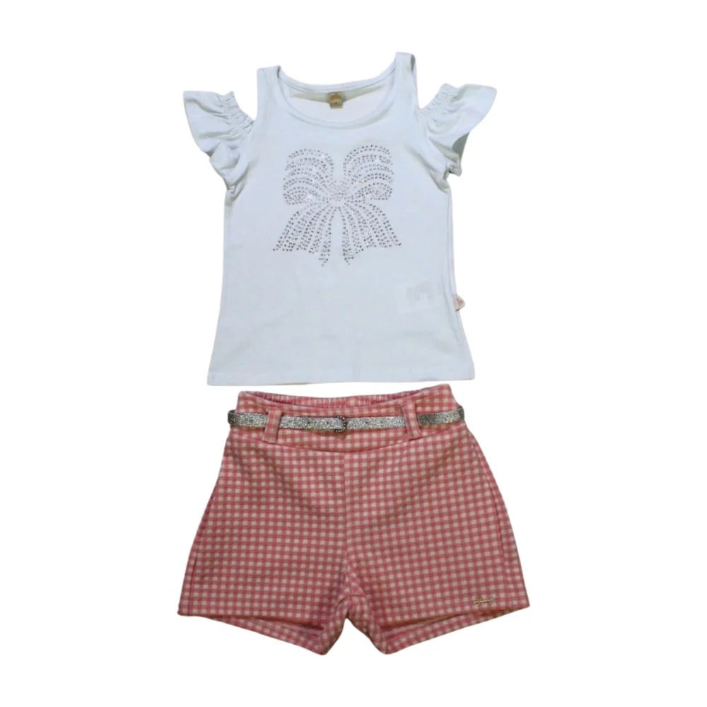 Conjunto Feminino Blusa e Shorts Jacquard Xadrez com Cinto 22804 – Glinny