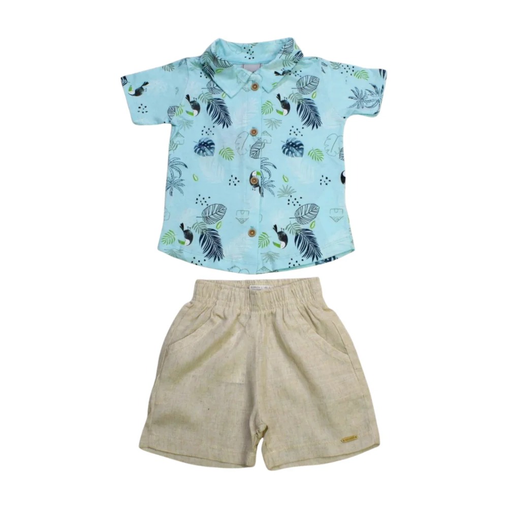 Conjunto Masculino Camisa Estampa Tucano e Bermuda Tecido 28694 – Angerô