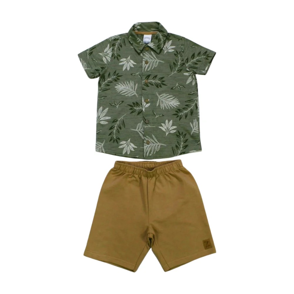 Conjunto Masculino Camisa Estampada Folhas e Bermuda Moletinho 19293 – Alakazoo