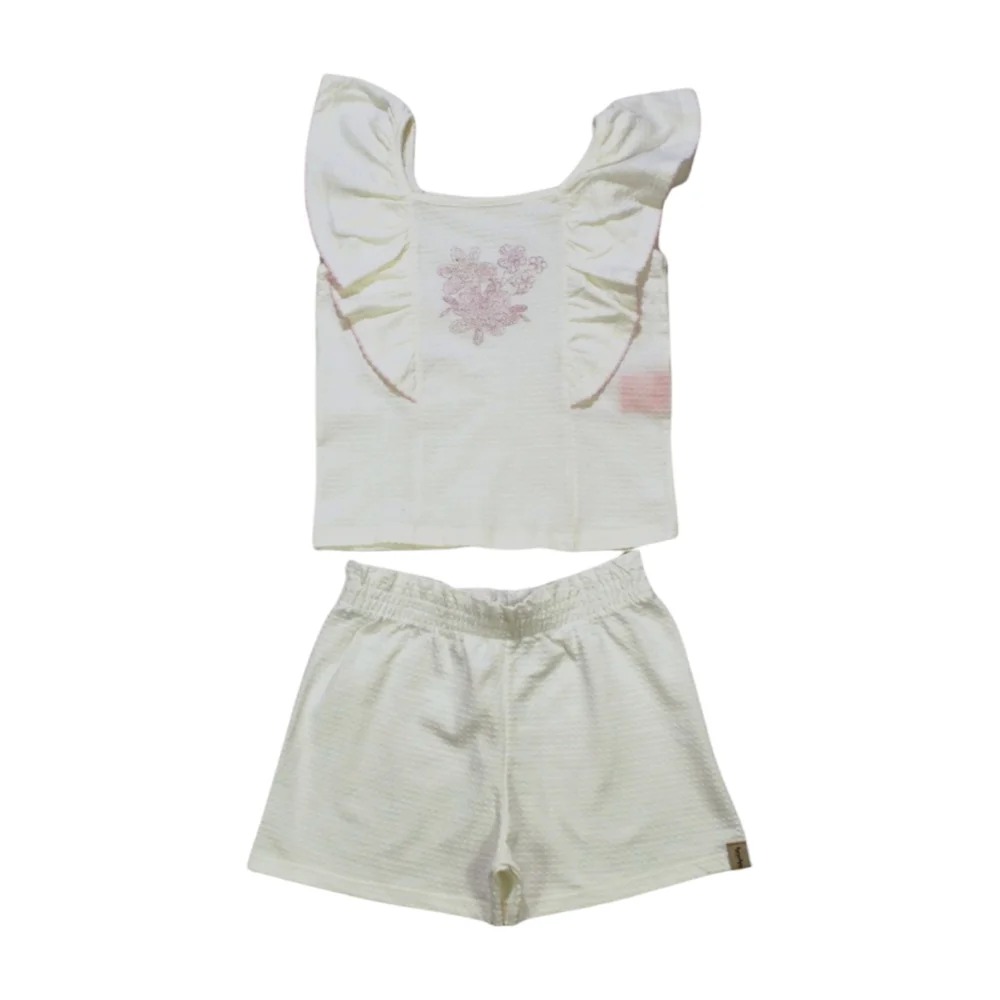 Conjunto Feminino Blusa Estampa Flores e Shorts Trabalhado 50430 – Kely Kety