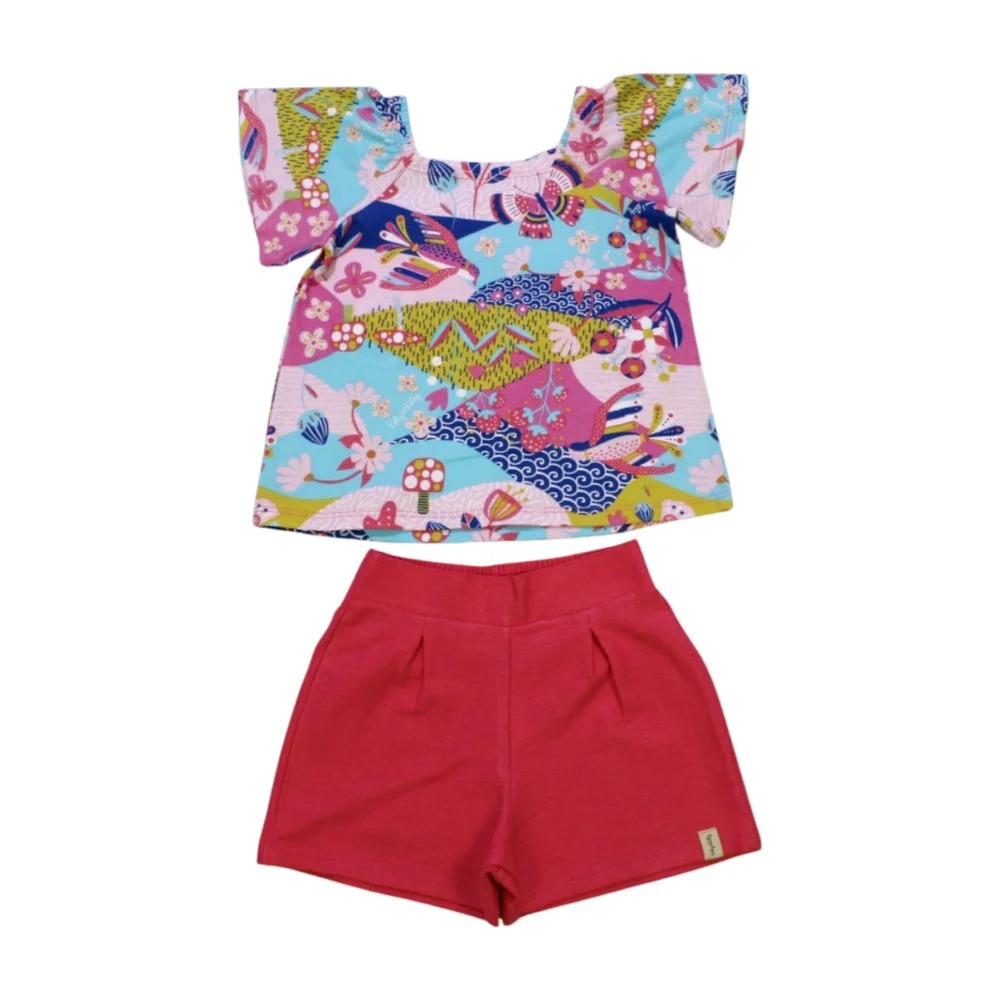 Conjunto Feminino Blusa Estampada Flores e Shorts Moletinho 50980 – Kely Kety