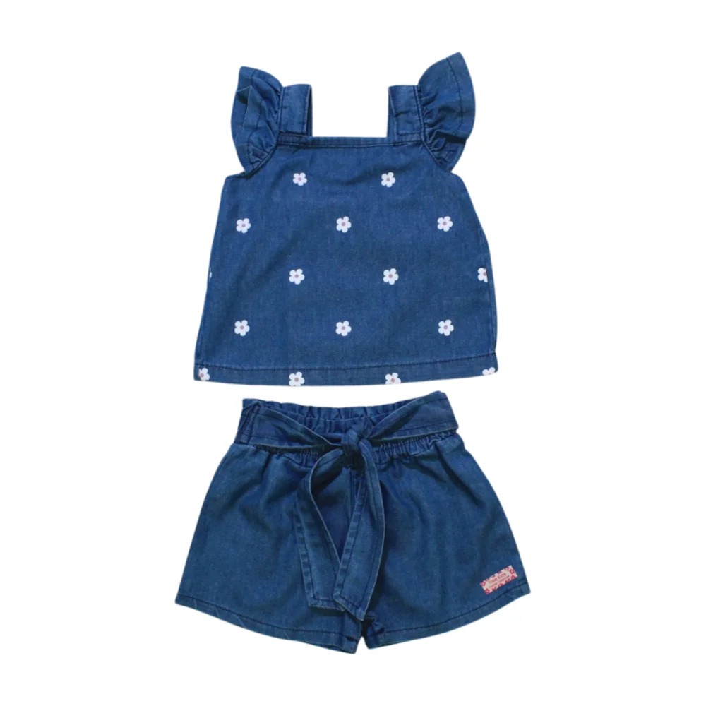 Conjunto Feminino Blusa Flores e Shorts Jeans 8798 – Time Kids