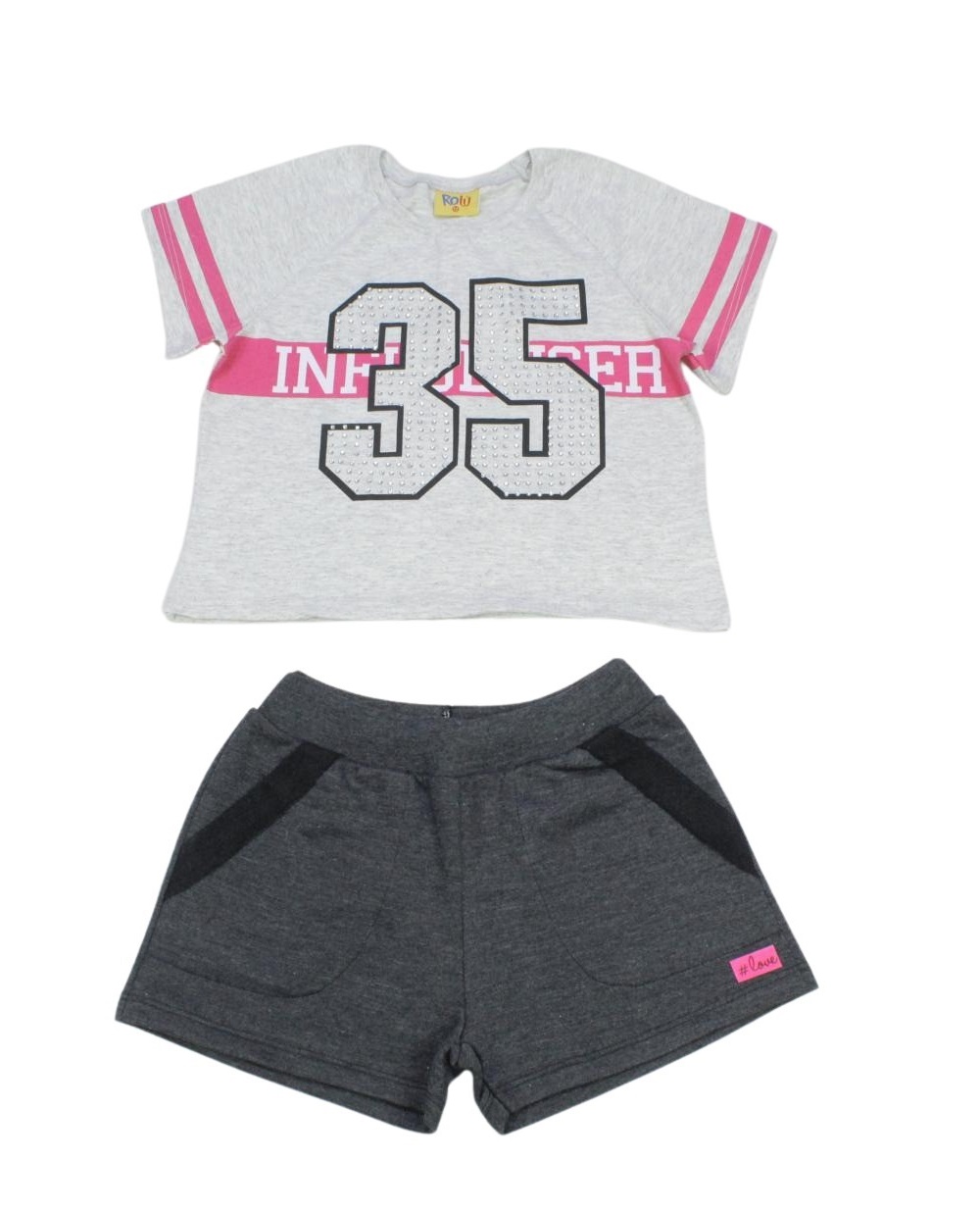 Conjunto Feminino Blusa Estampa 35 com Strass e Shorts Moletinho 9576-4 - Rolú