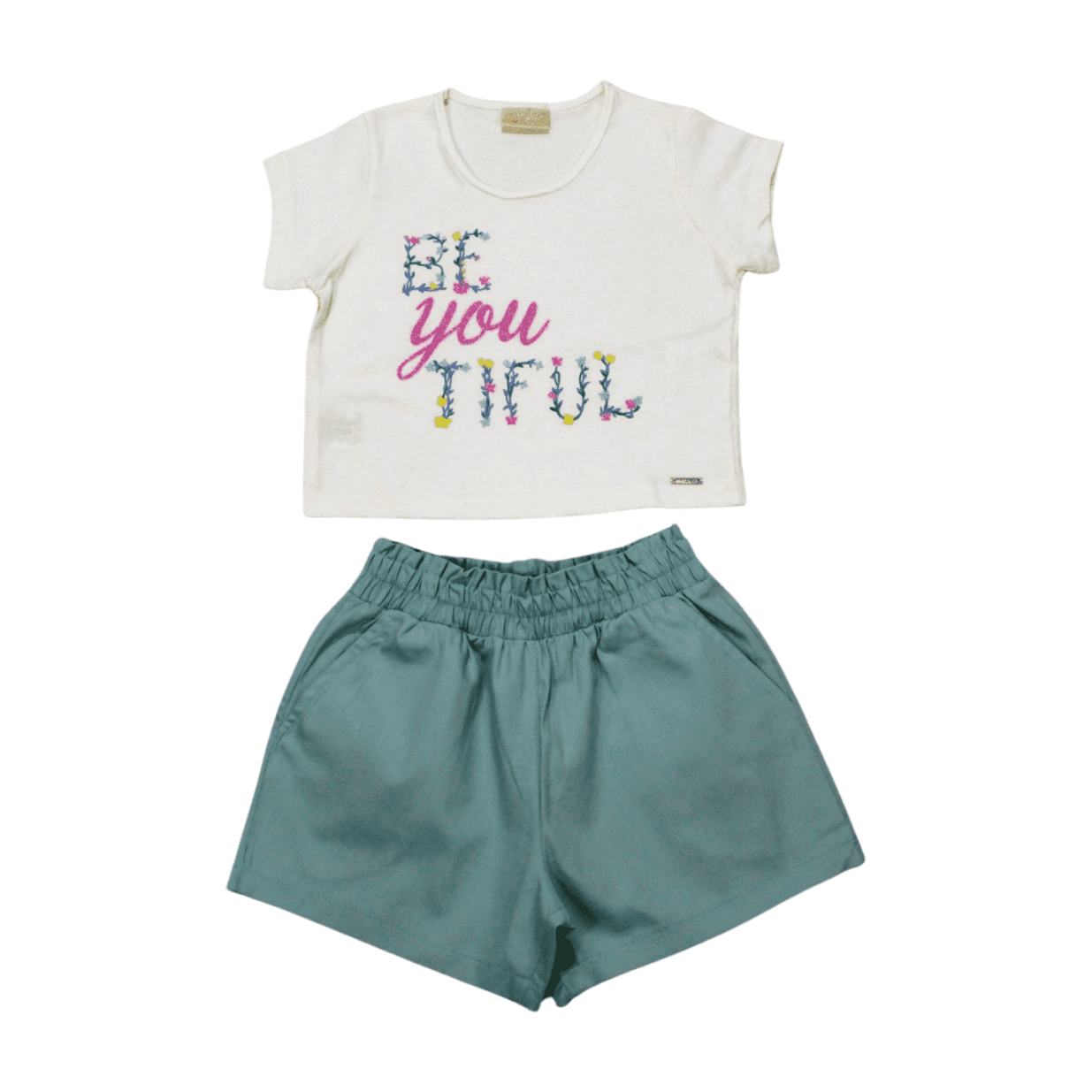 Conjunto Feminino Blusa Cropped Estampa Beautiful e Shorts Tecido 385728 - Vrasalon