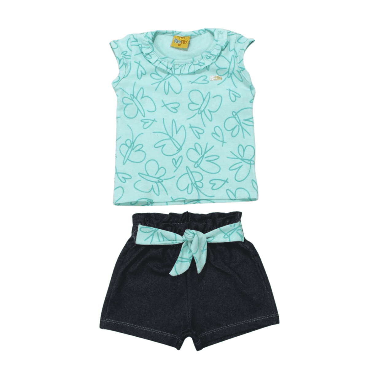 Conjunto Feminino Blusa Estampa Libelulas e Shorts Cotton Jeans  21127 - Rollu