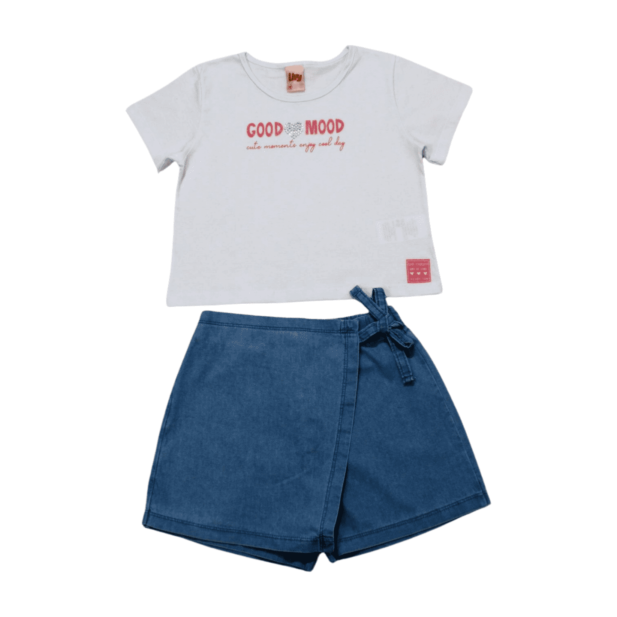Conjunto Feminino Blusa Good Mood Glitter e Shorts Jeans 8704 - Livy