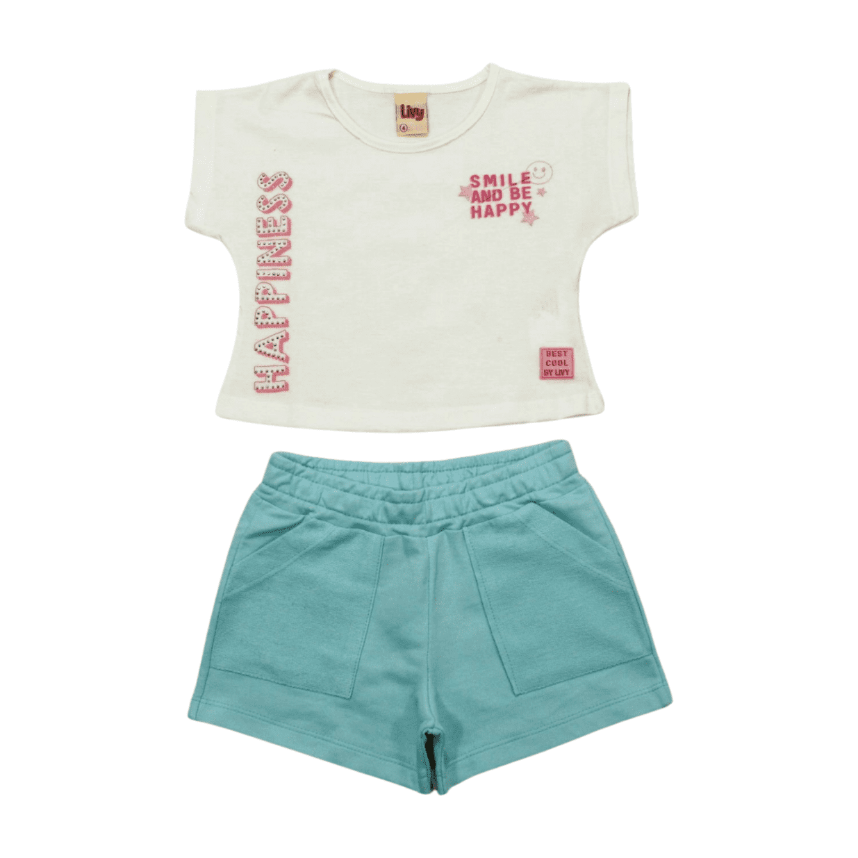 Conjunto Feminino Blusa Happiness com Strass e Shorts Moletinho 8681 - Livy