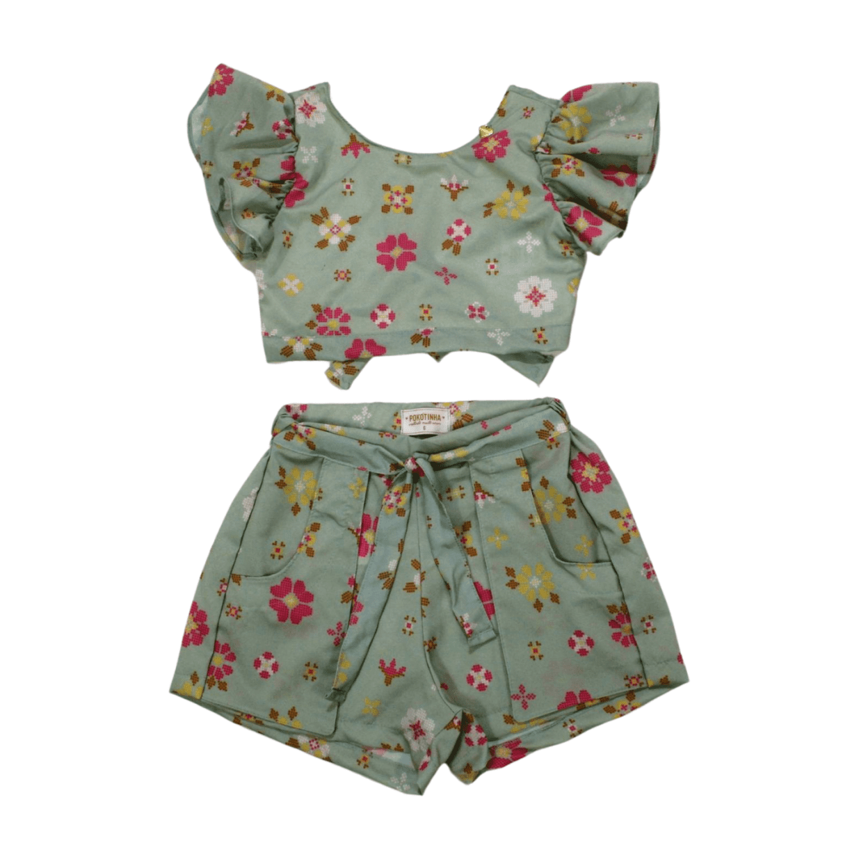Conjunto Tecido Feminino Blusa e Shorts Estampado Flores 7390 - Pokotinha