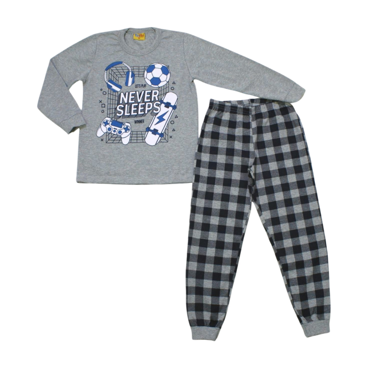 Pijama Malha Longo Masculino Estampa Never Sleeps Brilha no Escuro 20292 - Rollu