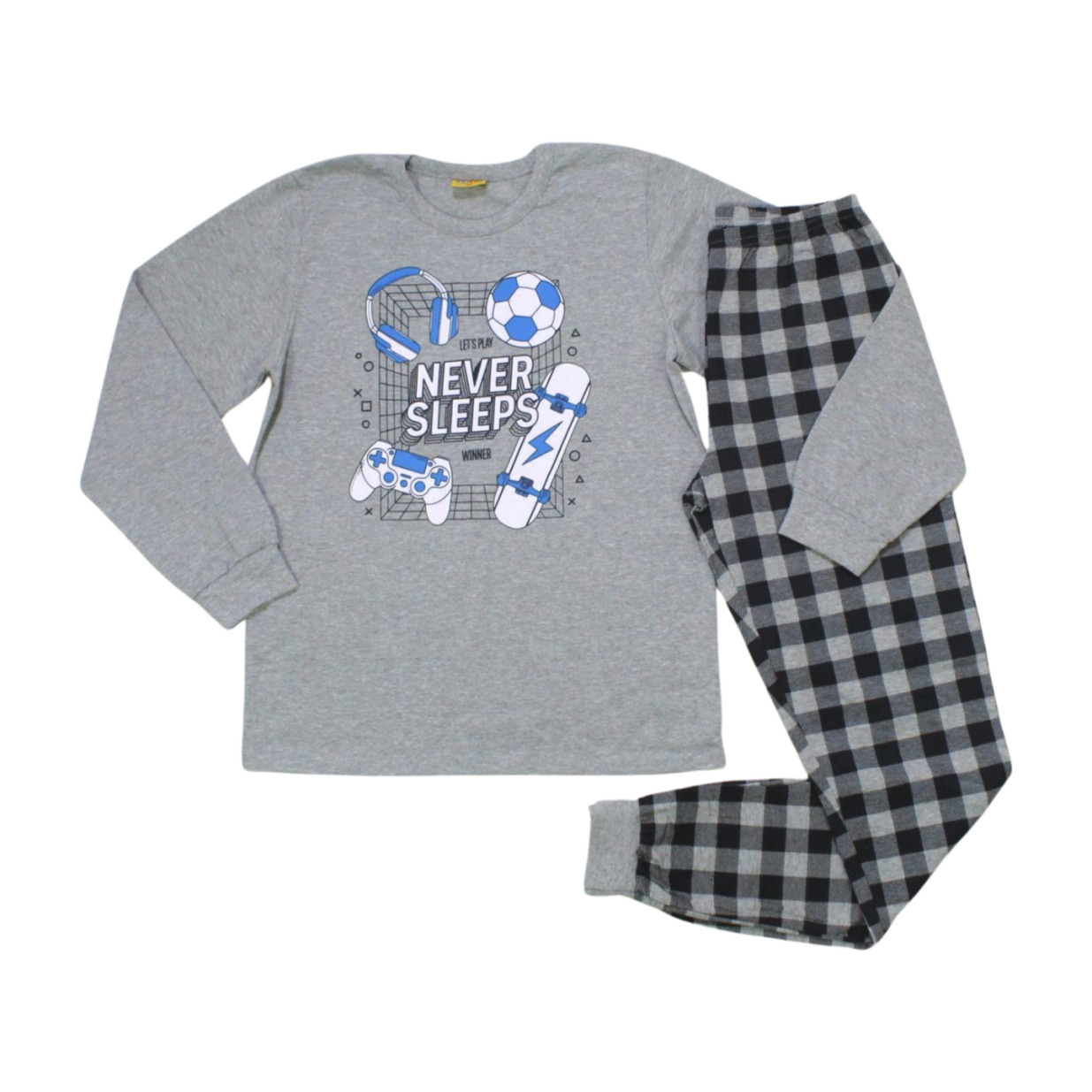 Pijama Malha Longo Masculino Estampa Never Sleeps Brilha no Escuro 20292 - Rollu