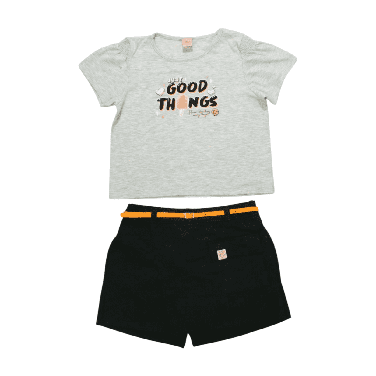 Conjunto Feminino Blusa Estampa Good e Shorts Saia com Cinto 04097 - Dila