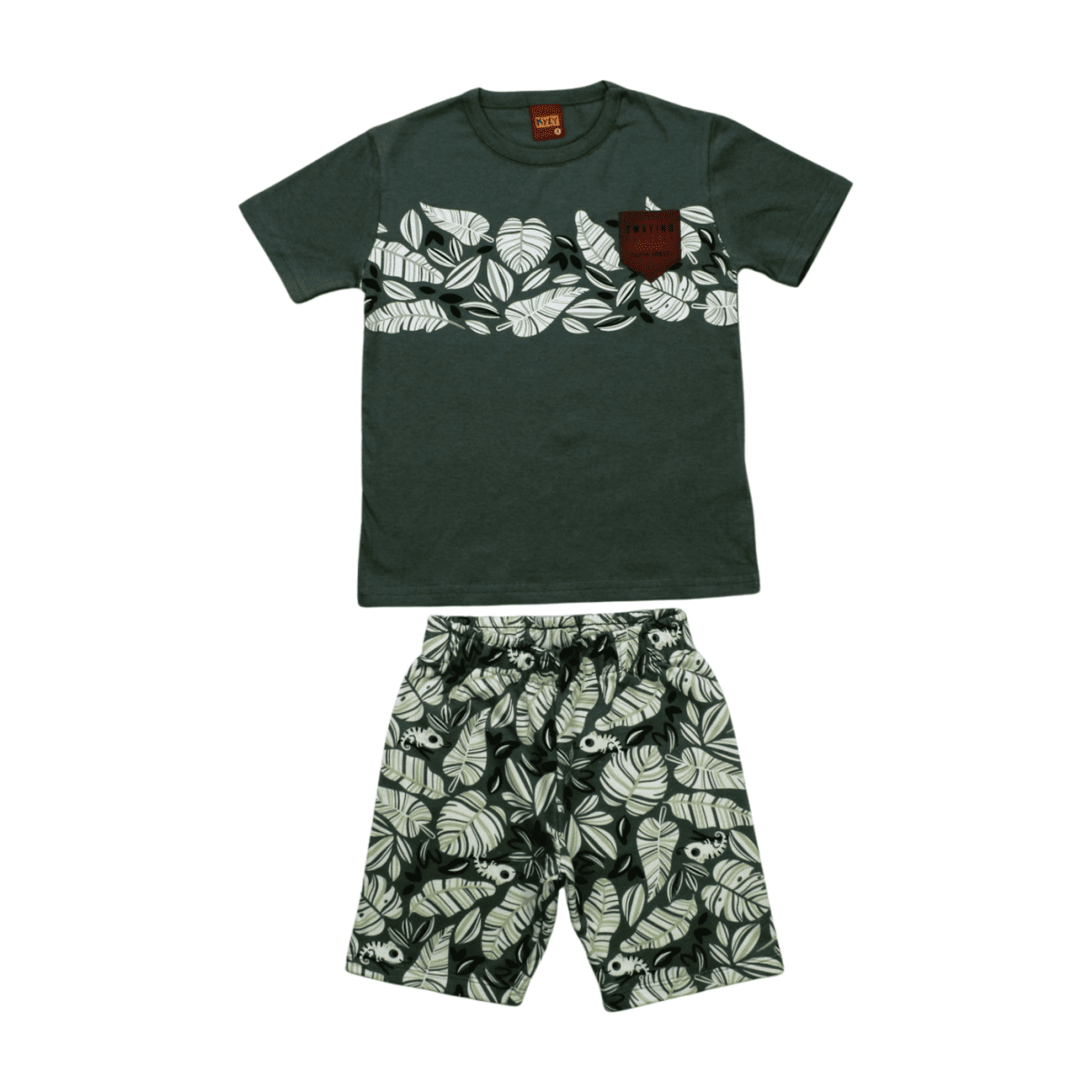 Conjunto Masculino Camiseta e Bermuda Moletinho Estampa Folhas 1000384 - Kyly