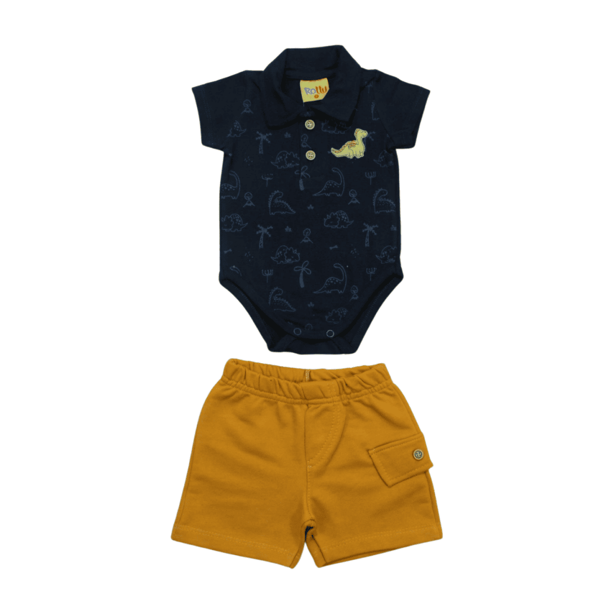 Conjunto Masculino Body Polo Estampa Dino e Bermuda Moletinho 22218 - Rollu