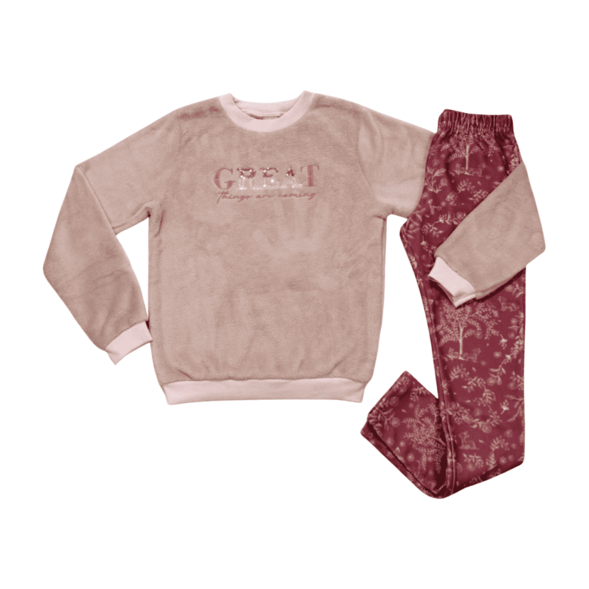 Conjunto Longo Feminino Blusão em Pelúcia e Legging Estampada 55858 - Brandili Mundi