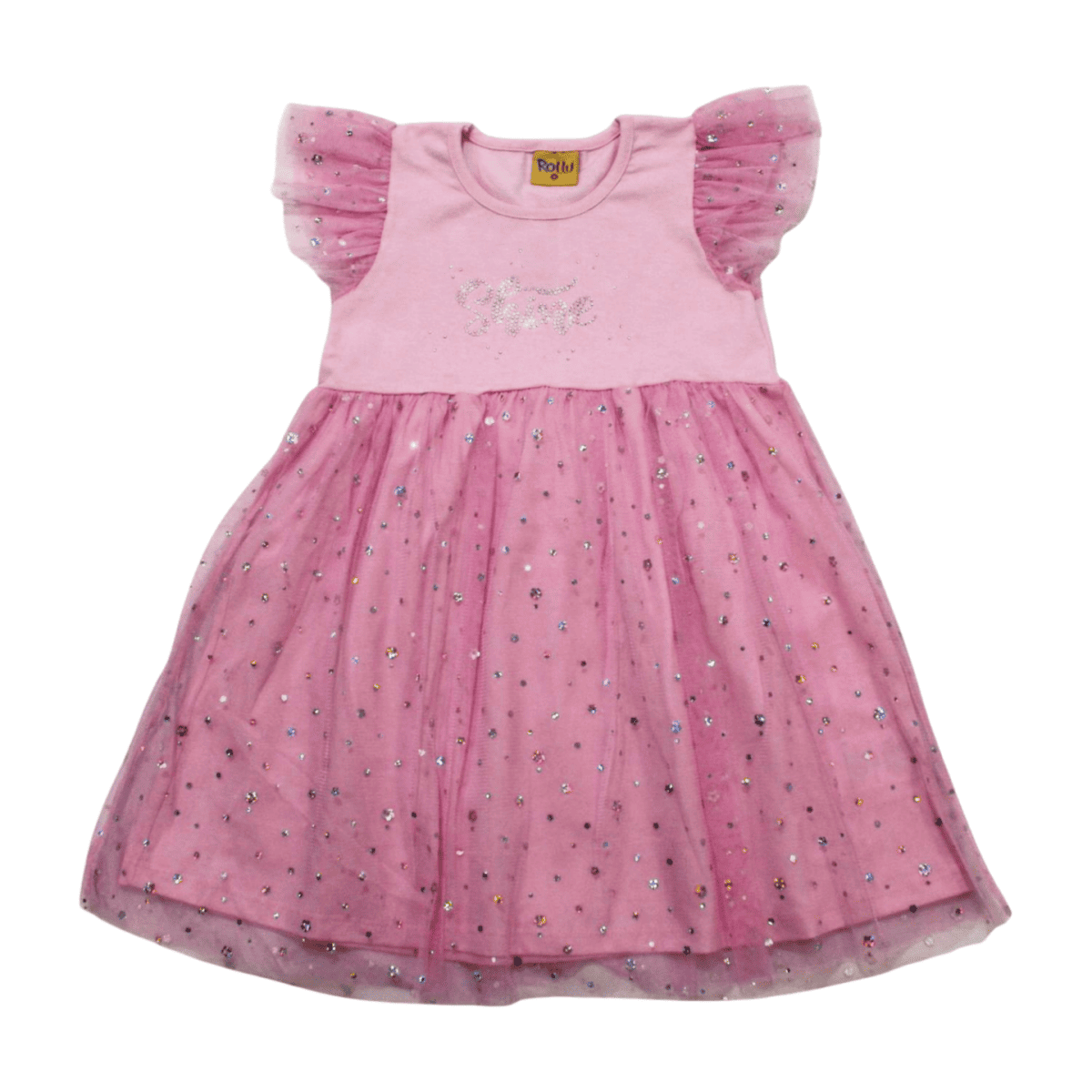 Vestido Manga Curta Tule com Brilho Shine 22135 - Rollu